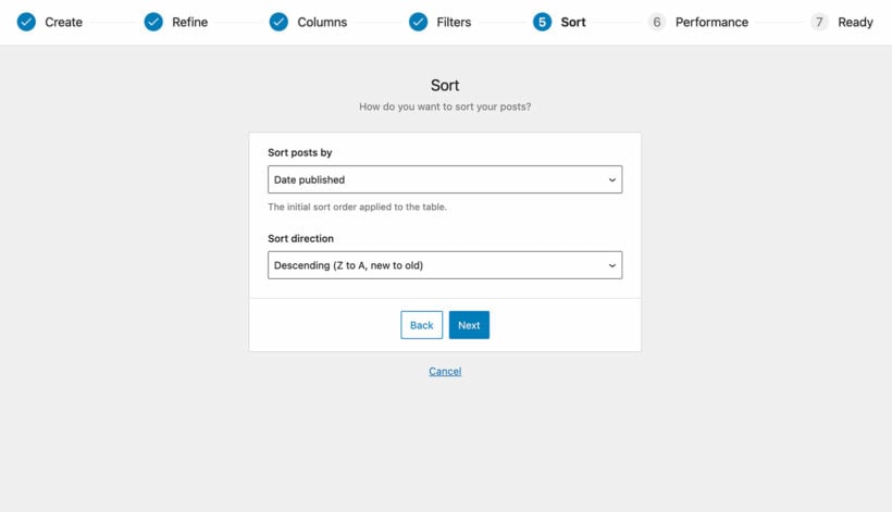 Table generator sort options