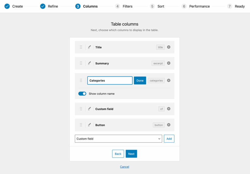 Choose table columns generator