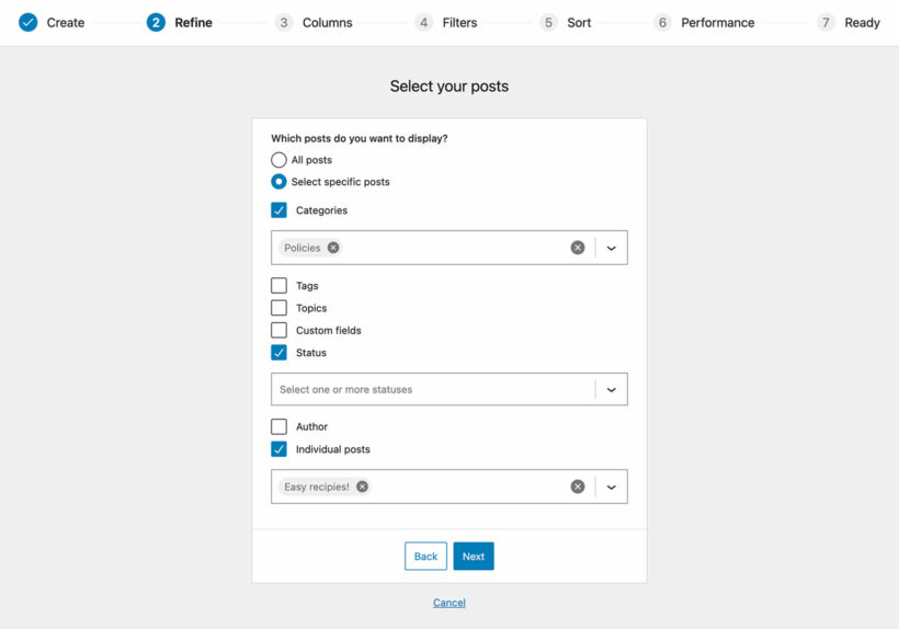 Select posts table builder