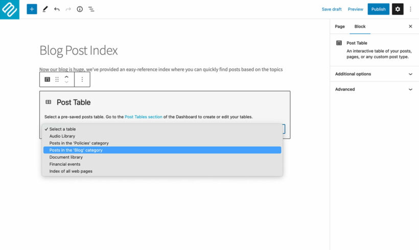 Insert table builder Gutenberg block Posts Table Pro