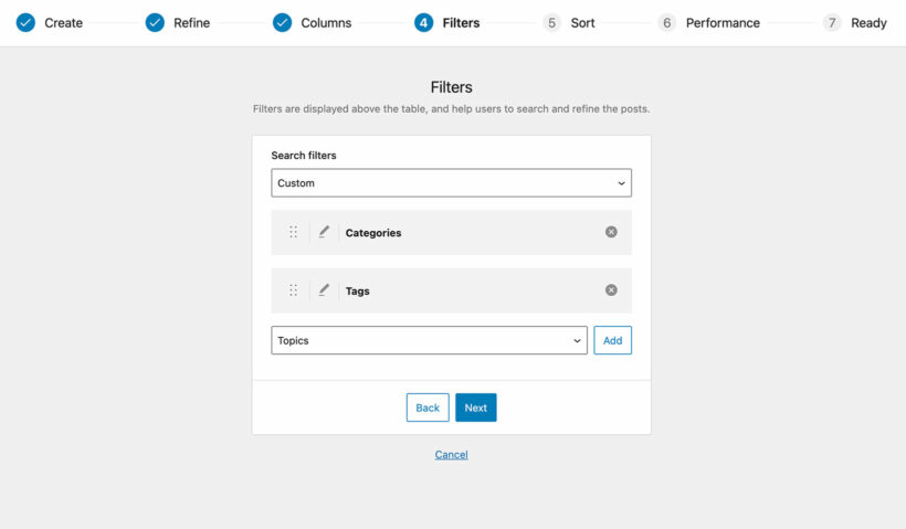 Table generator filters