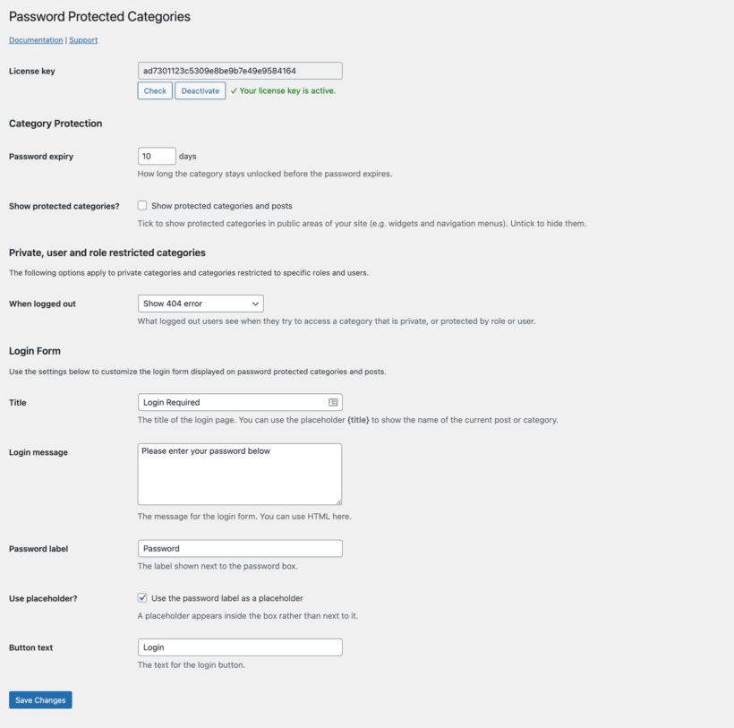 Password Protected Categories WordPress plugin settings