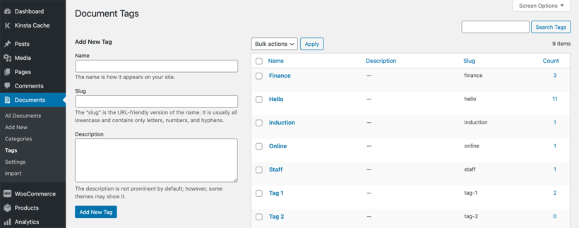 WordPress document library tags