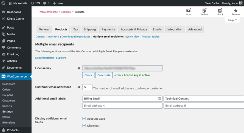 WooCommerce Multiple Email Recipients settings page