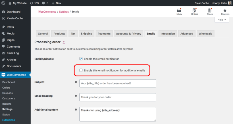 Disable additional email recipient WooCommerce order email