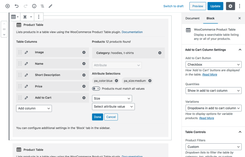 Gutenberg Block WooCommerce Product Table Settings