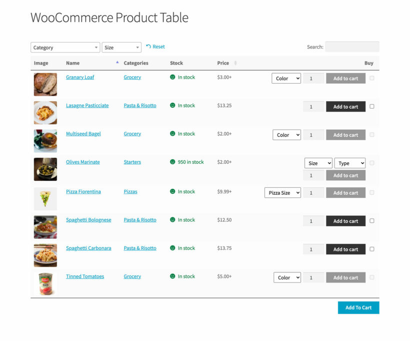 WooCommerce Product Table variation prices