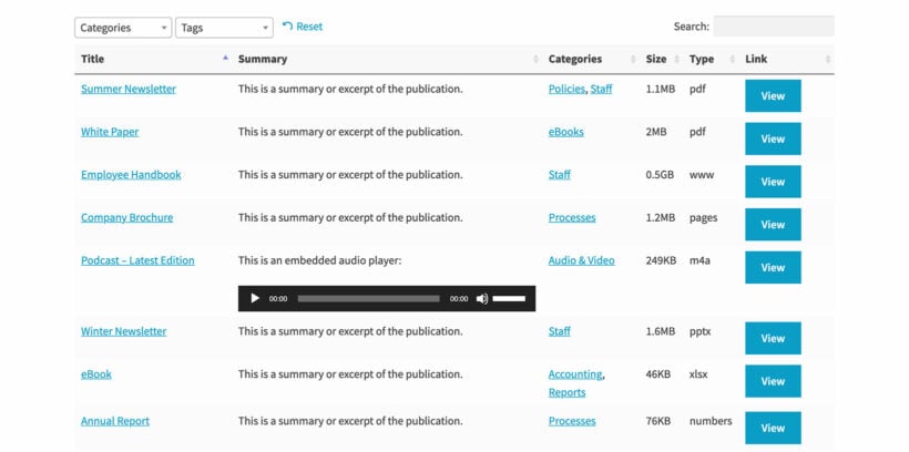 WordPress document library table layout