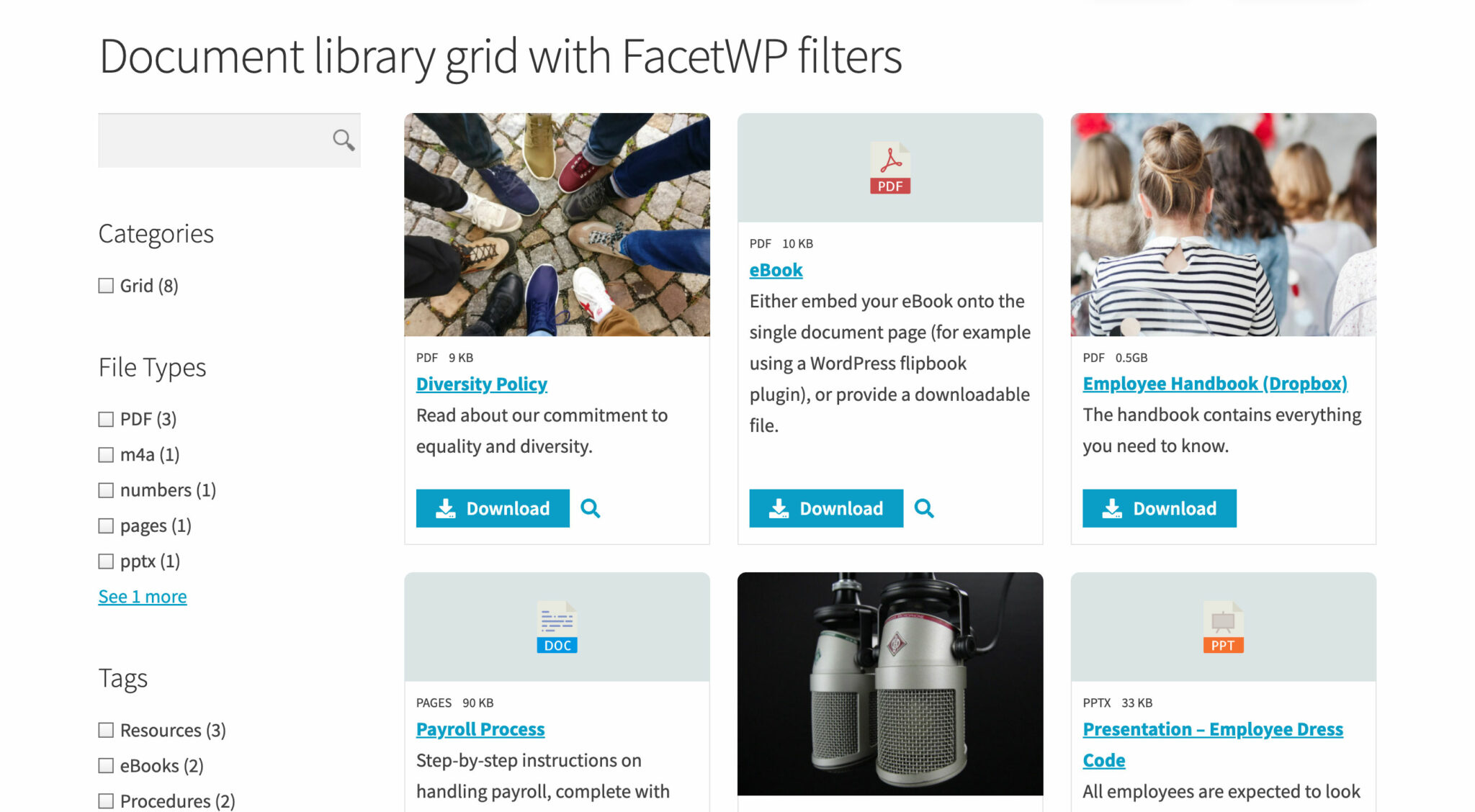 Using FacetWP to add filter widgets to the document library