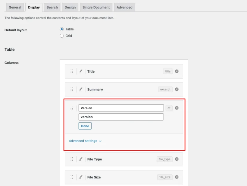 How to add a custom field column to your document tables and add the 'version' numbers