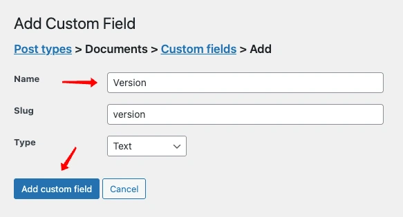How to add custom field named 'version' for your documents