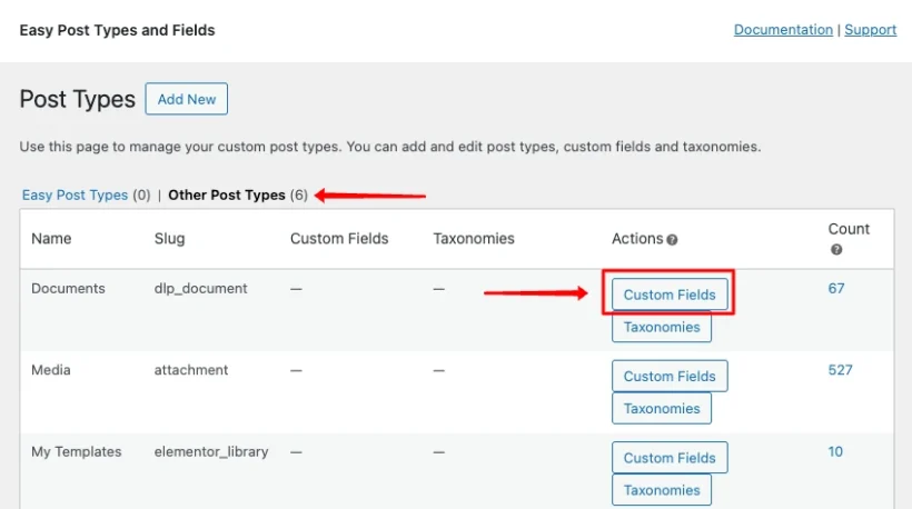 Easy Post Types & Fields, other post types, documents, custom fields