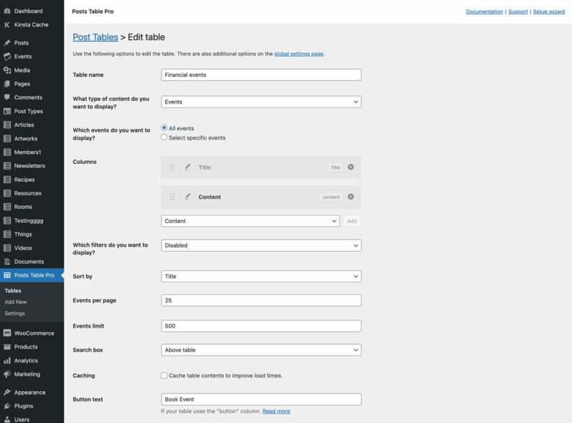 Edit table in generator Posts Table Pro