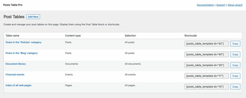 Posts Table Pro list of tables