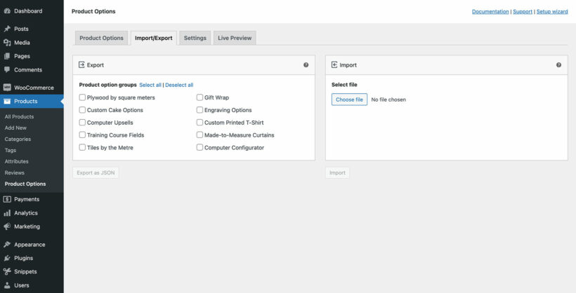 WooCommerce import export product options