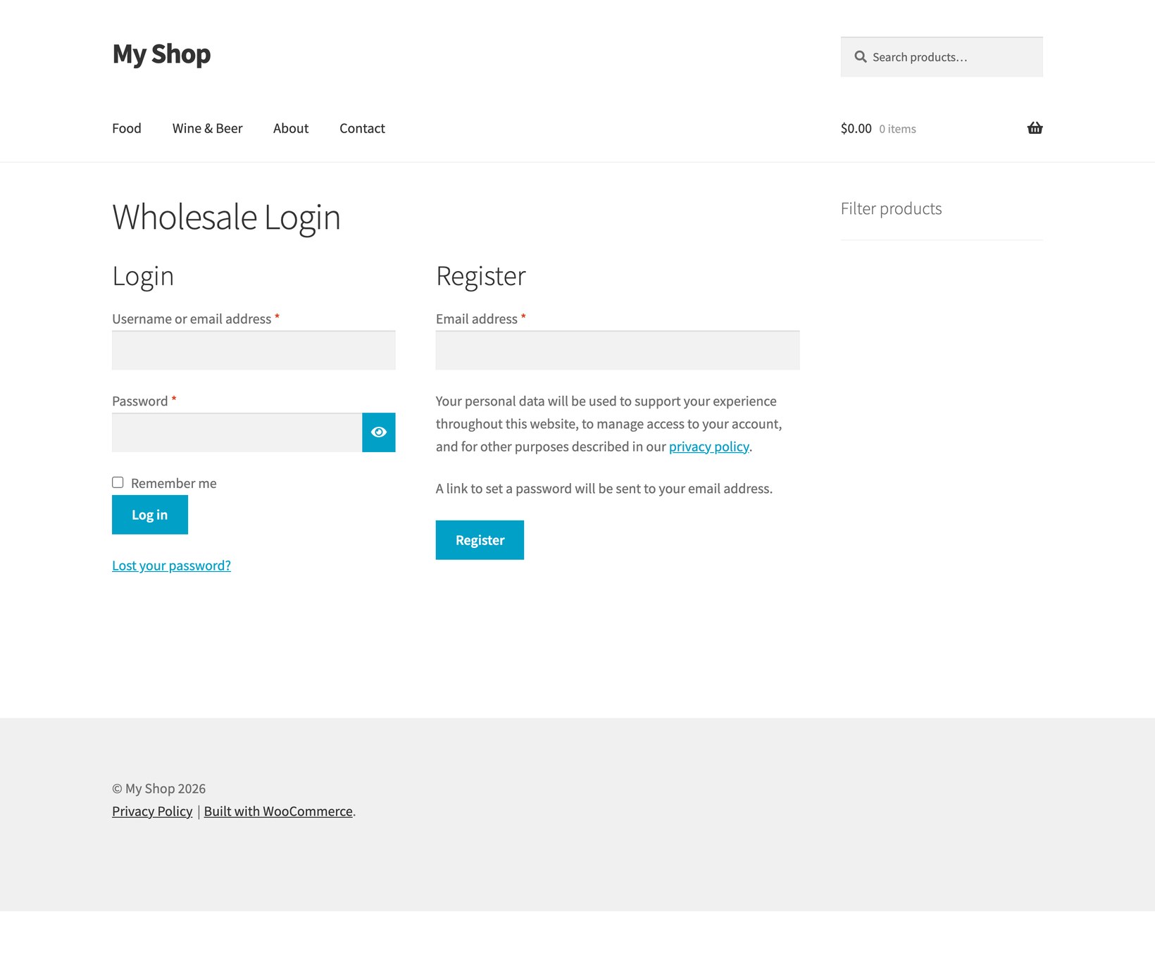 Wholesale login and registration page displayed on the frontend of a WooCommerce store