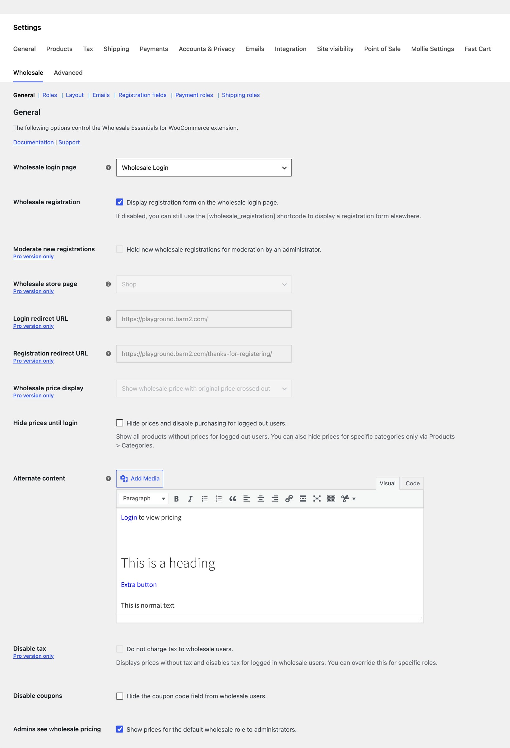 Wholesale Essentials for WooCommerce general settings tab in WordPress admin
