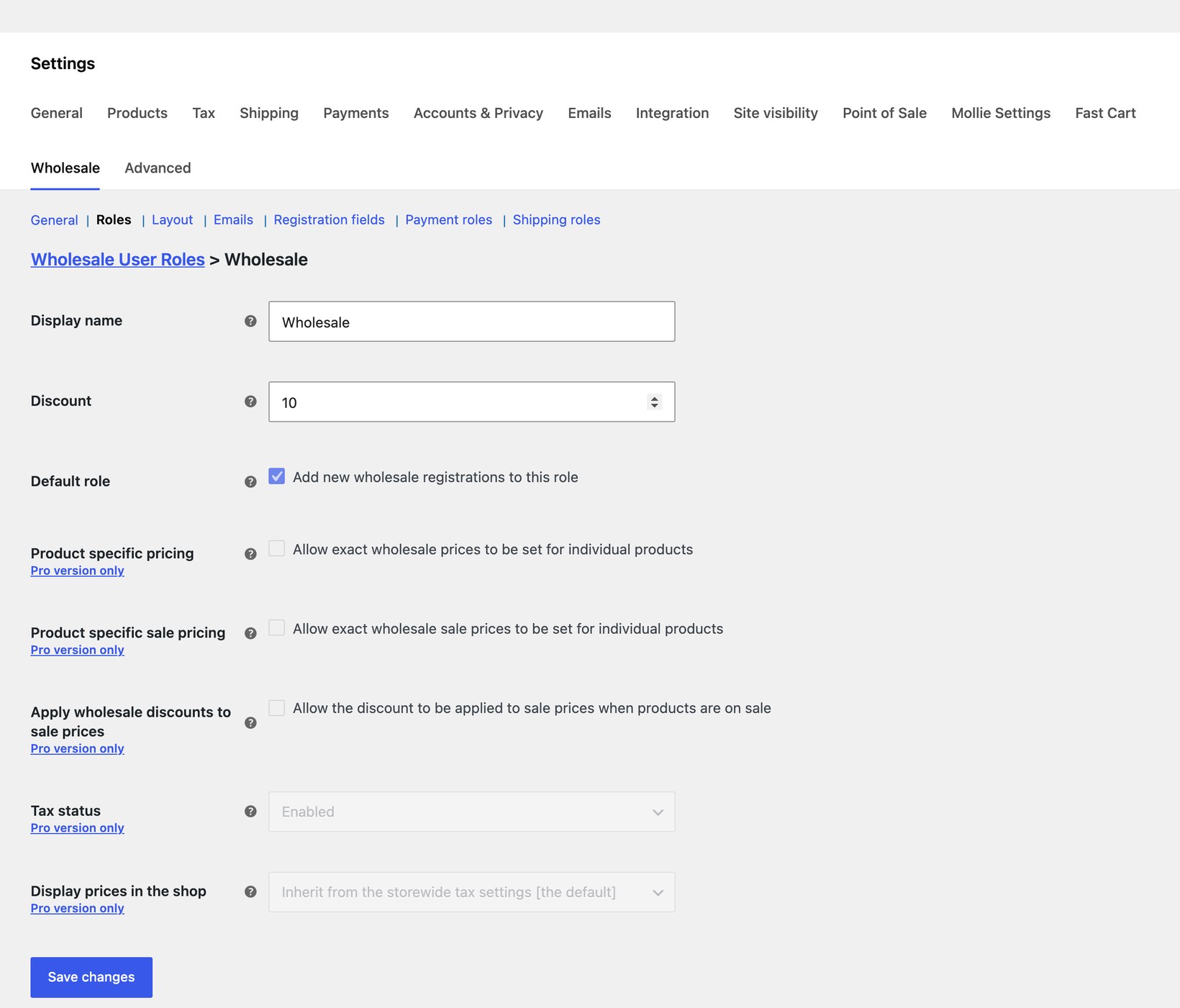 Edit wholesale role screen with display name, discount, and default role options