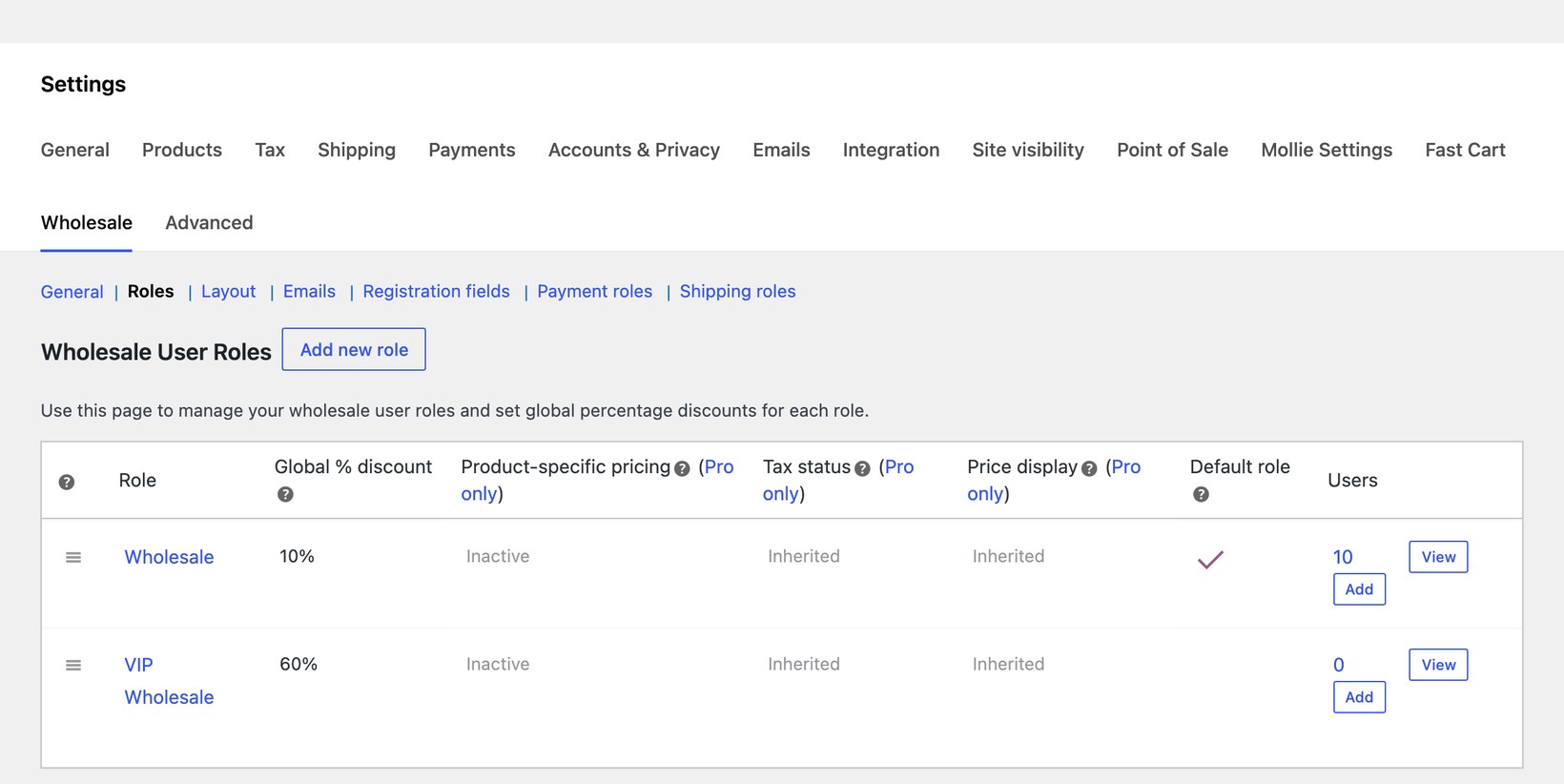 Wholesale user roles management table in Wholesale Essentials for WooCommerce