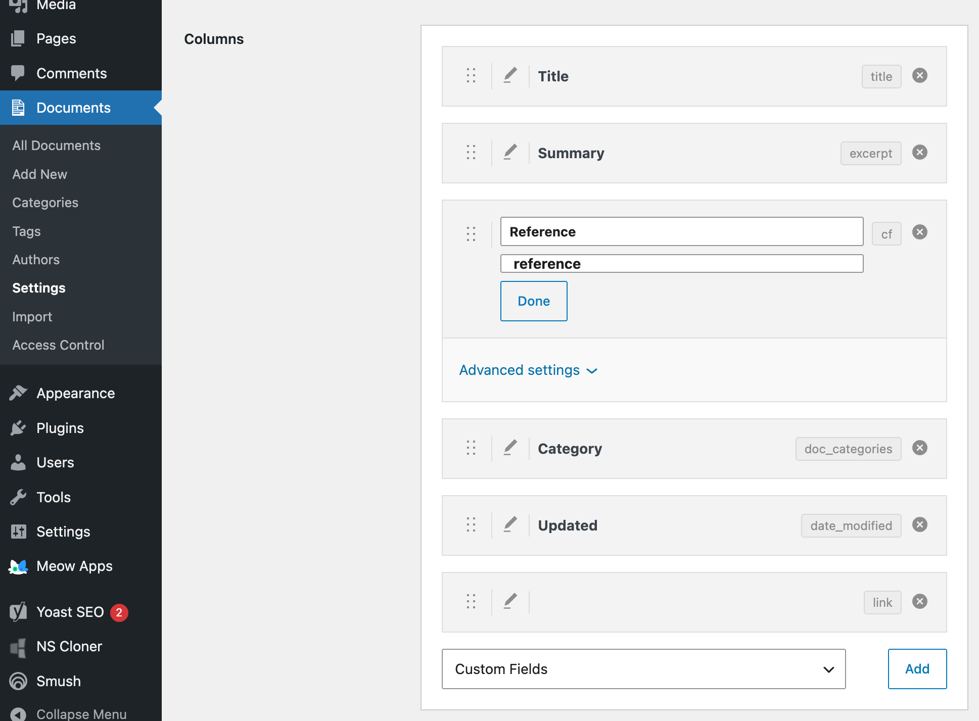 Adding a custom field column on the Document Library Pro settings page