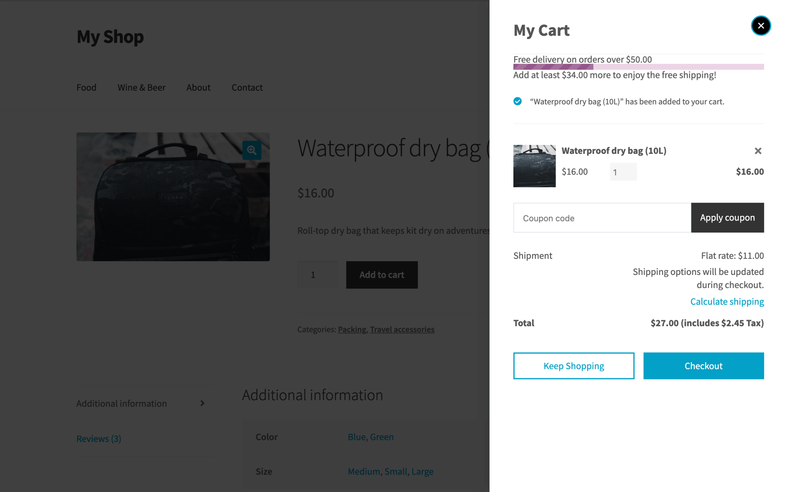 Free shipping progress bar shown at the top of the WooCommerce Fast Cart popup