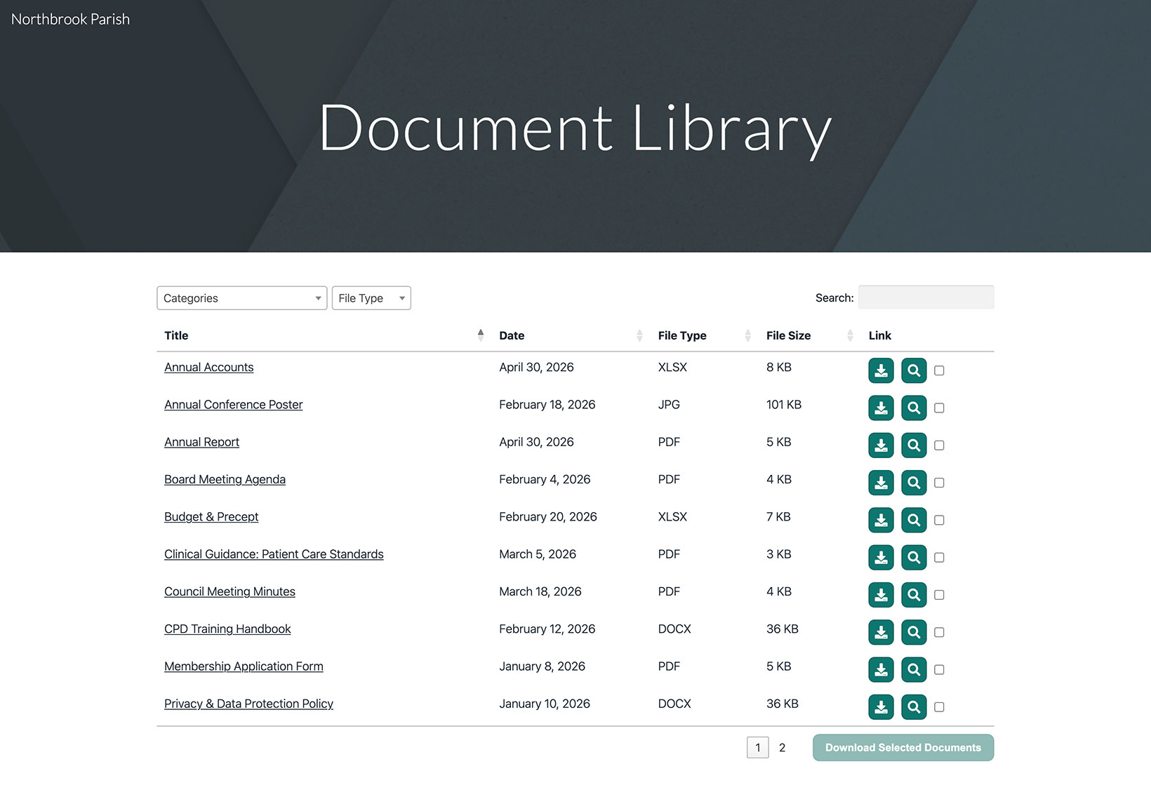 A document library displayed on a published Google Sites page
