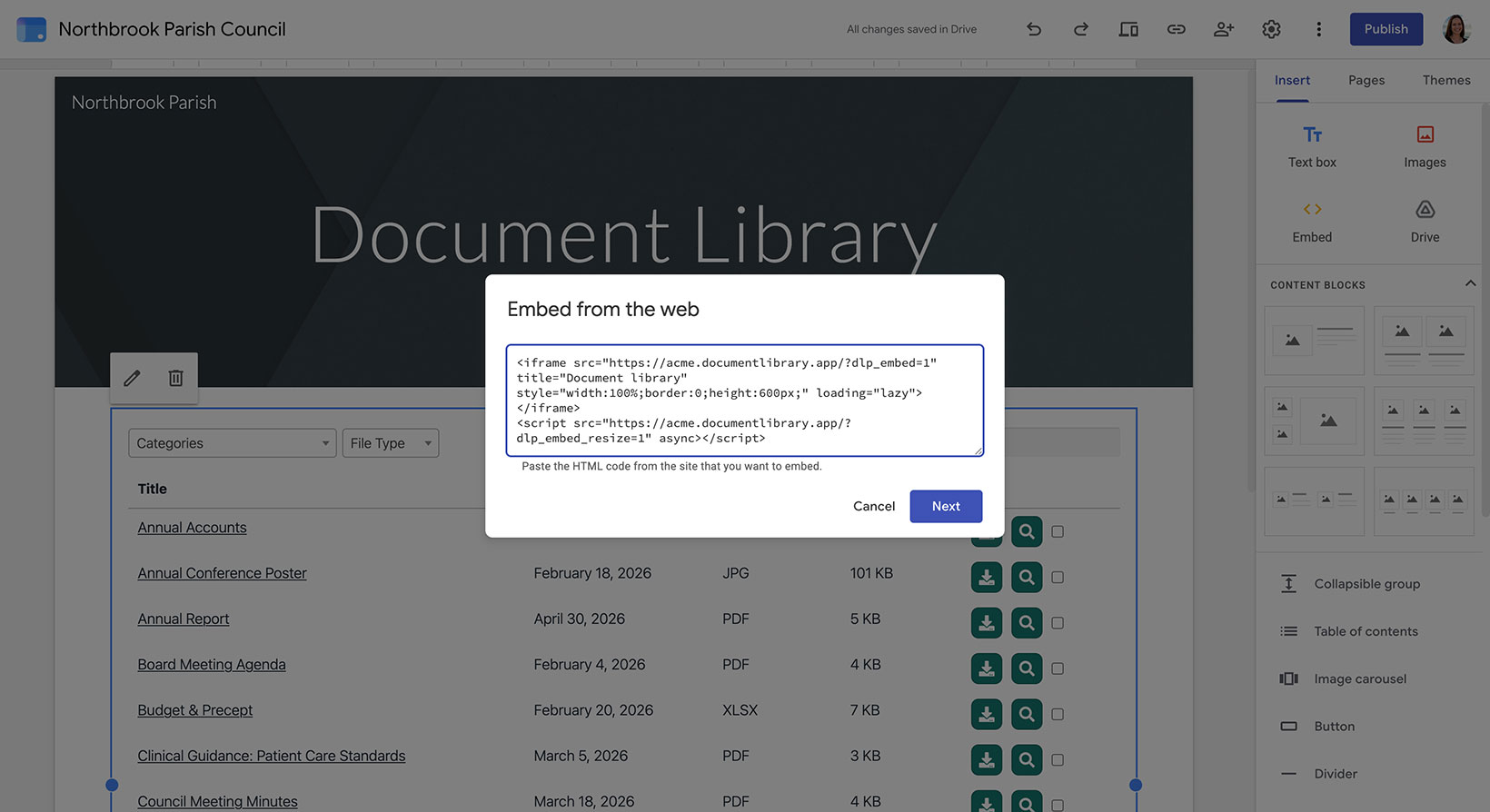 Pasting the document library embed code into a Google Sites Embed element