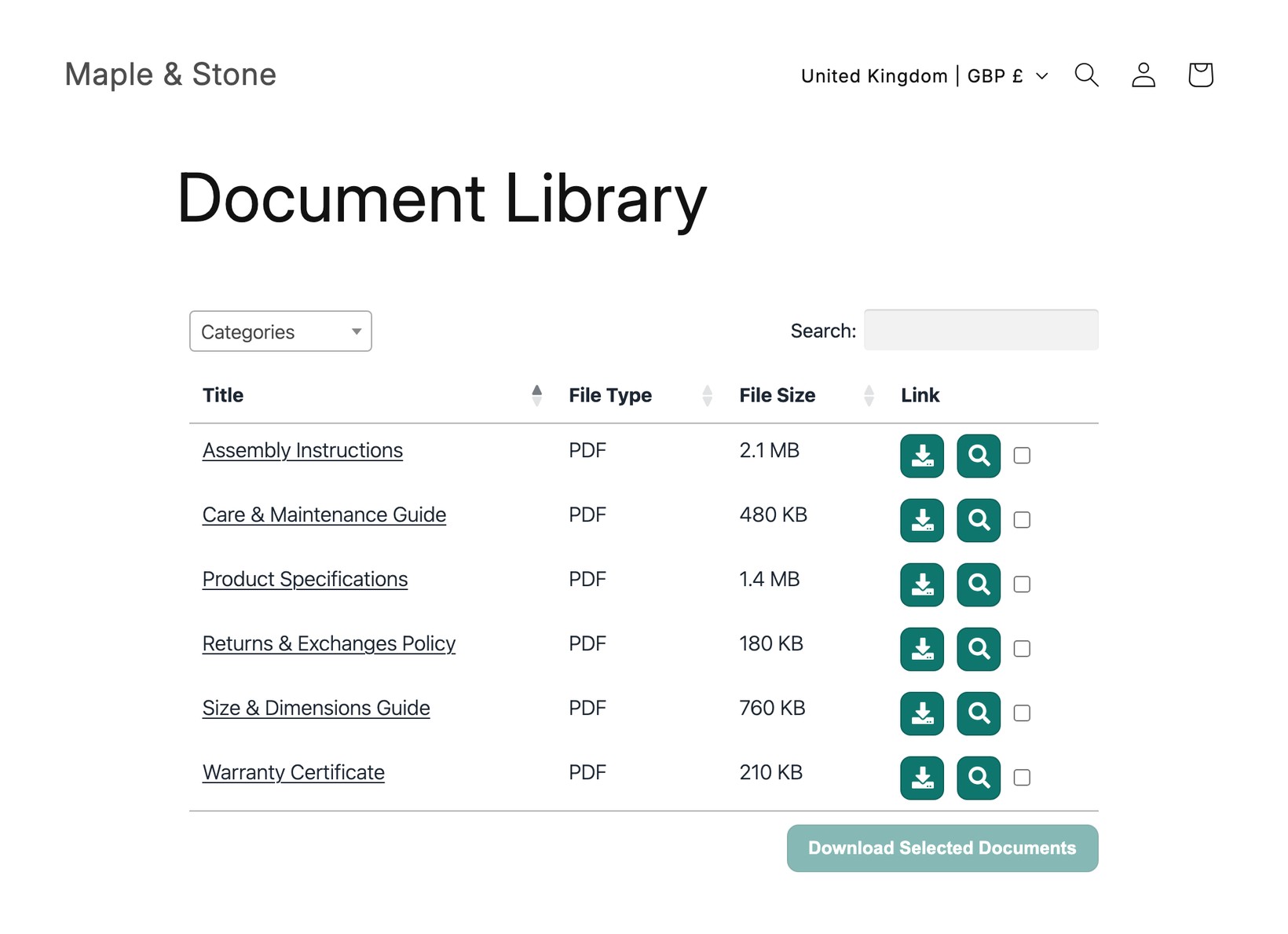 A document library displayed on a Shopify page