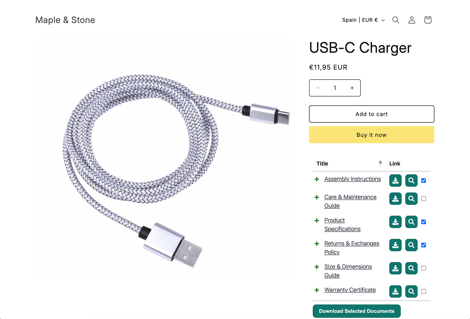A document library displayed on a Shopify product page