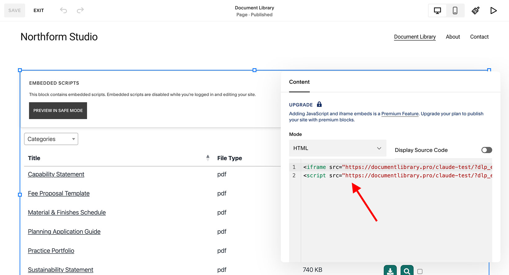 Pasting the document library embed code into a Squarespace Code Block