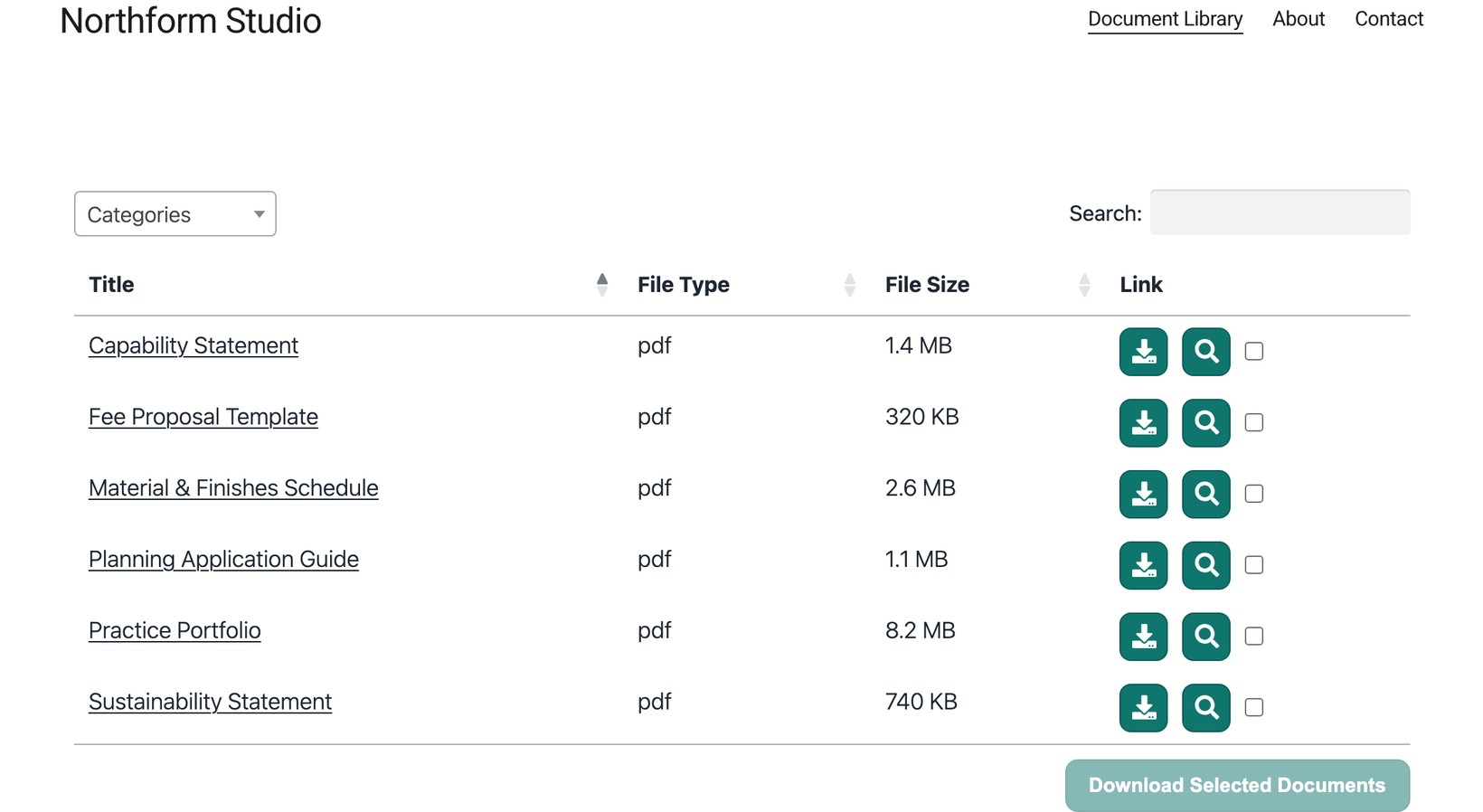 A document library displayed on a published Squarespace page