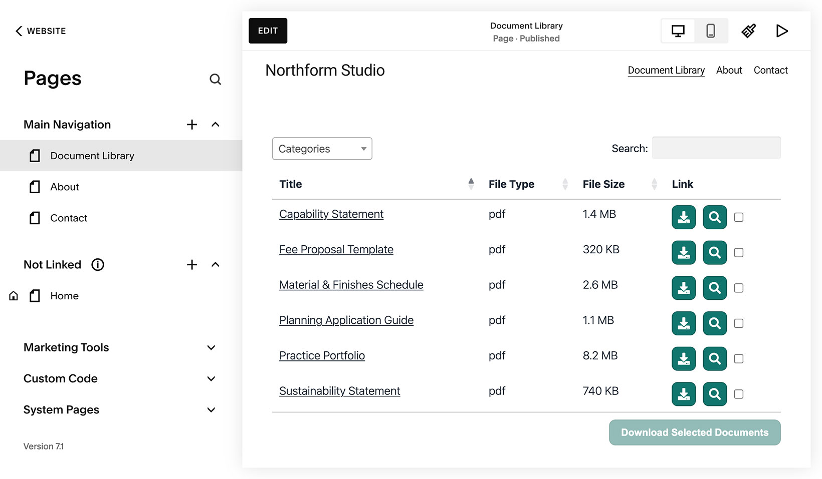 The Document Library page added to the Squarespace navigation menu