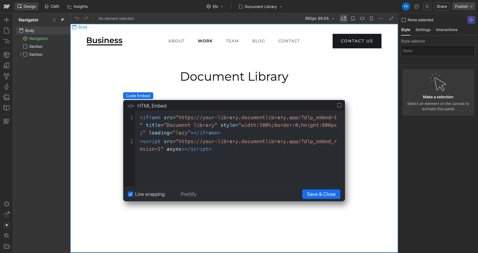 Pasting the document library embed code into a Webflow Code Embed element