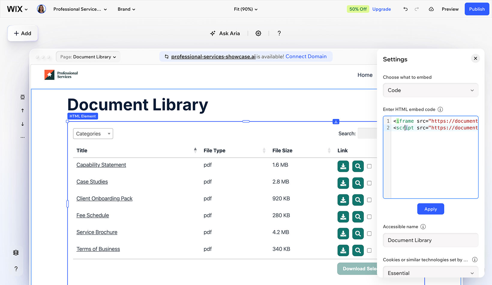 Pasting the document library embed code into the Wix Embed Code element