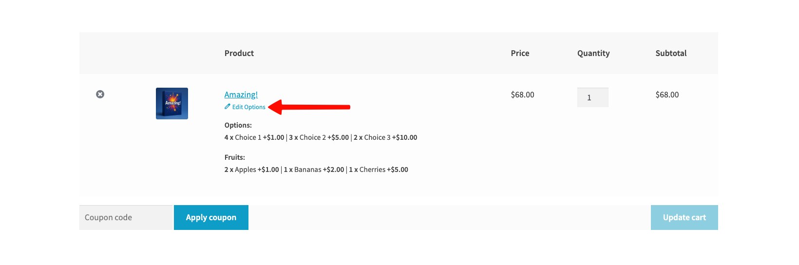 Edit Options link below a cart item in WooCommerce Product Options