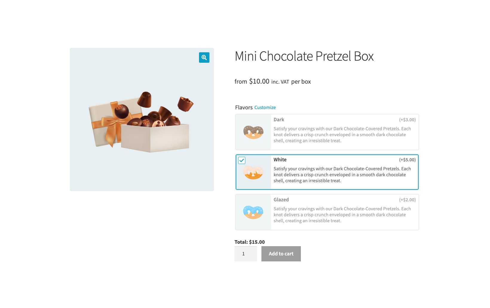 Image button options shown as cards with a name, price and description for each choice