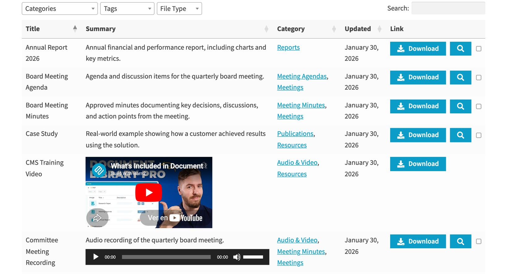 A document library displayed on a WordPress page
