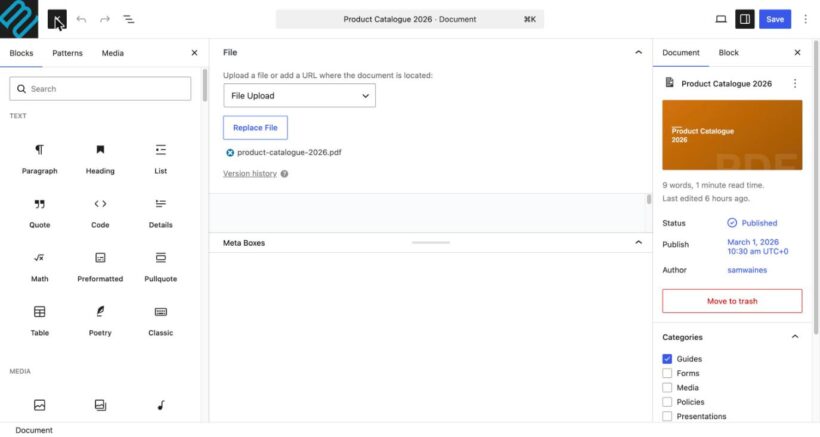 Editing a document with the WordPress block editor in Document Library Lite