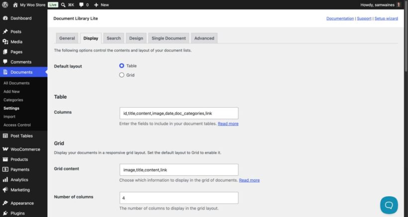 Document Library Lite Display settings showing the grid layout and column options