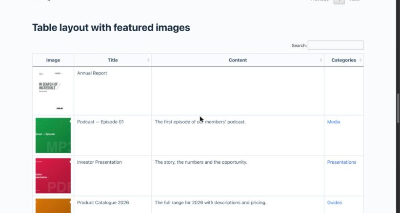 Document Library Lite table layout with featured images and a content column