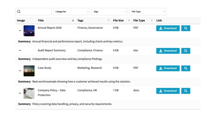 Document Library Pro table with each document summary in a full-width child row below the main row