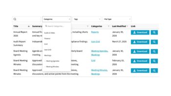 Categories filter dropdown showing Meetings with nested Meeting Agendas and Meeting Minutes options