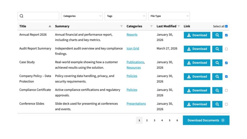 Document Library Pro table with row checkboxes, Select all, 3 selected rows, and Download Documents (3) active