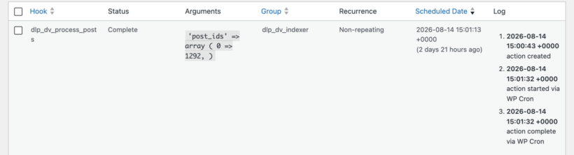 Scheduled Actions filtered to Document Library Pro indexer with complete dlp_dv_process_posts actions