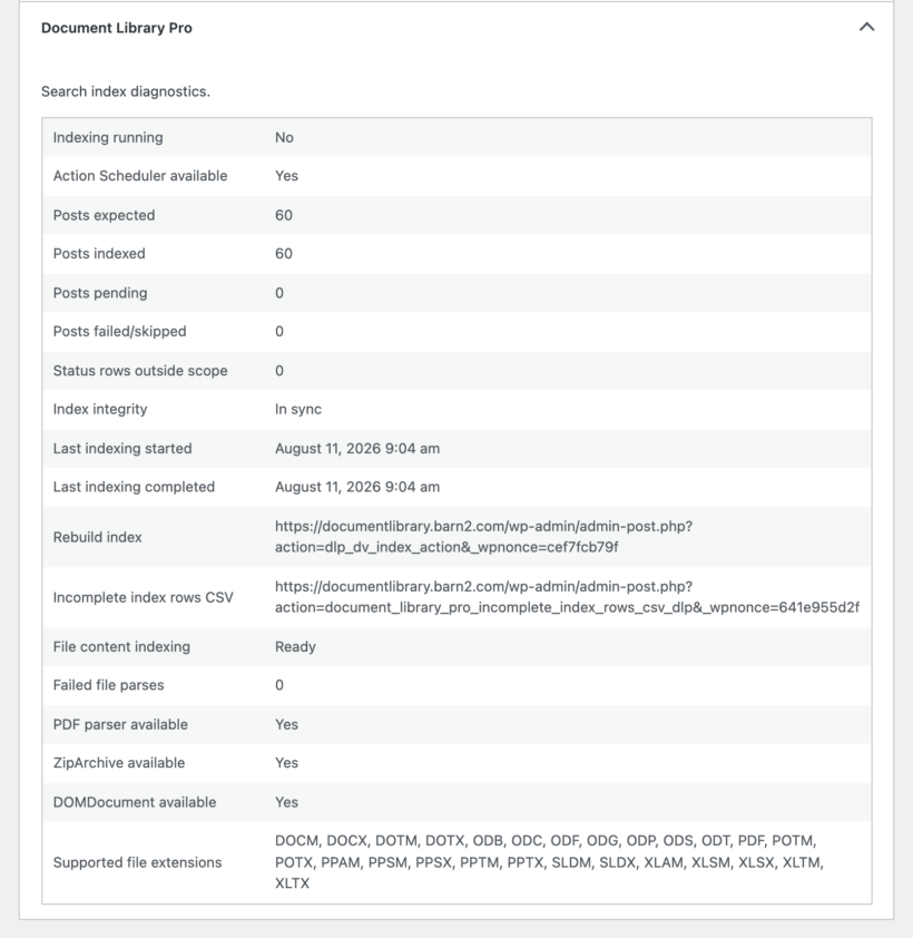 Site Health Document Library Pro diagnostics showing 60 expected posts, 60 indexed posts, and index integrity in sync