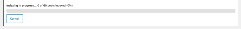WordPress admin notice for Document Library Pro indexing, with 0 of 60 posts indexed, progress bar, and Cancel button