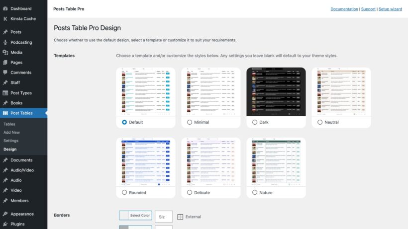 Design page presenting seven table template thumbnails with border color and size controls underneath