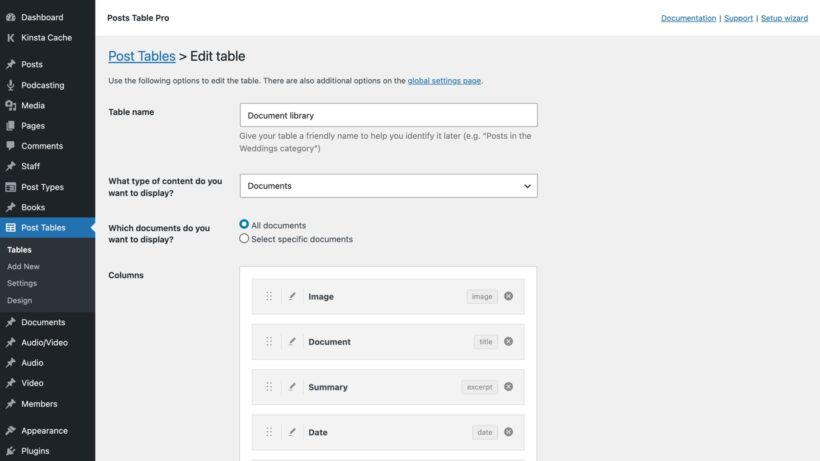 Edit table screen with table name, content type dropdown, draggable columns and filter display checkboxes