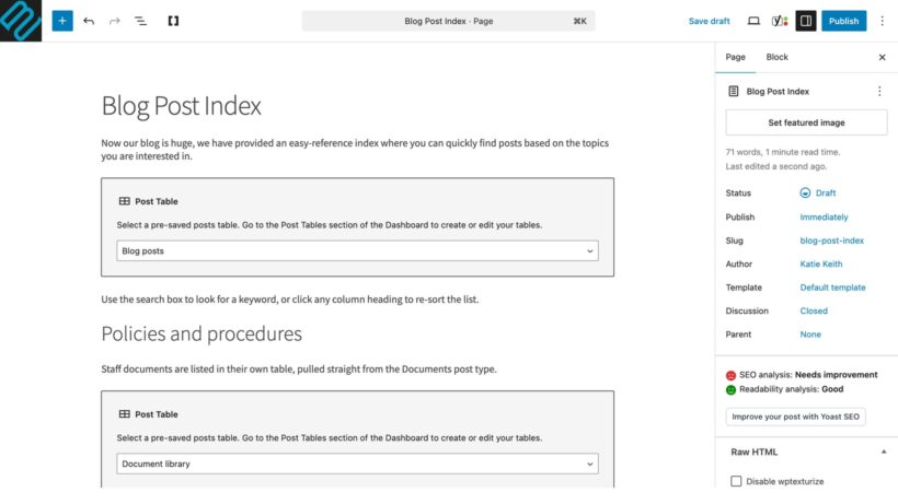 WordPress block editor containing two Post Table blocks, each linked to a saved table dropdown