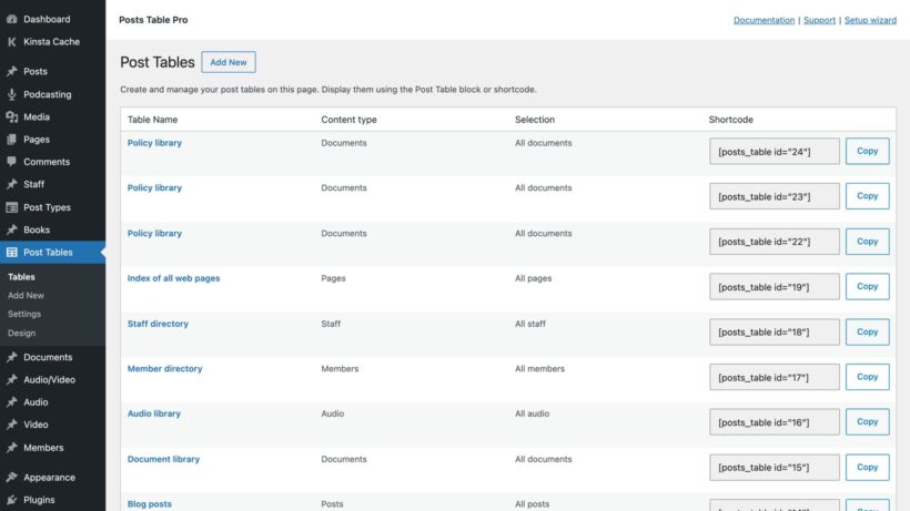 Post Tables admin list displaying saved tables with content type, selection and copyable shortcode columns